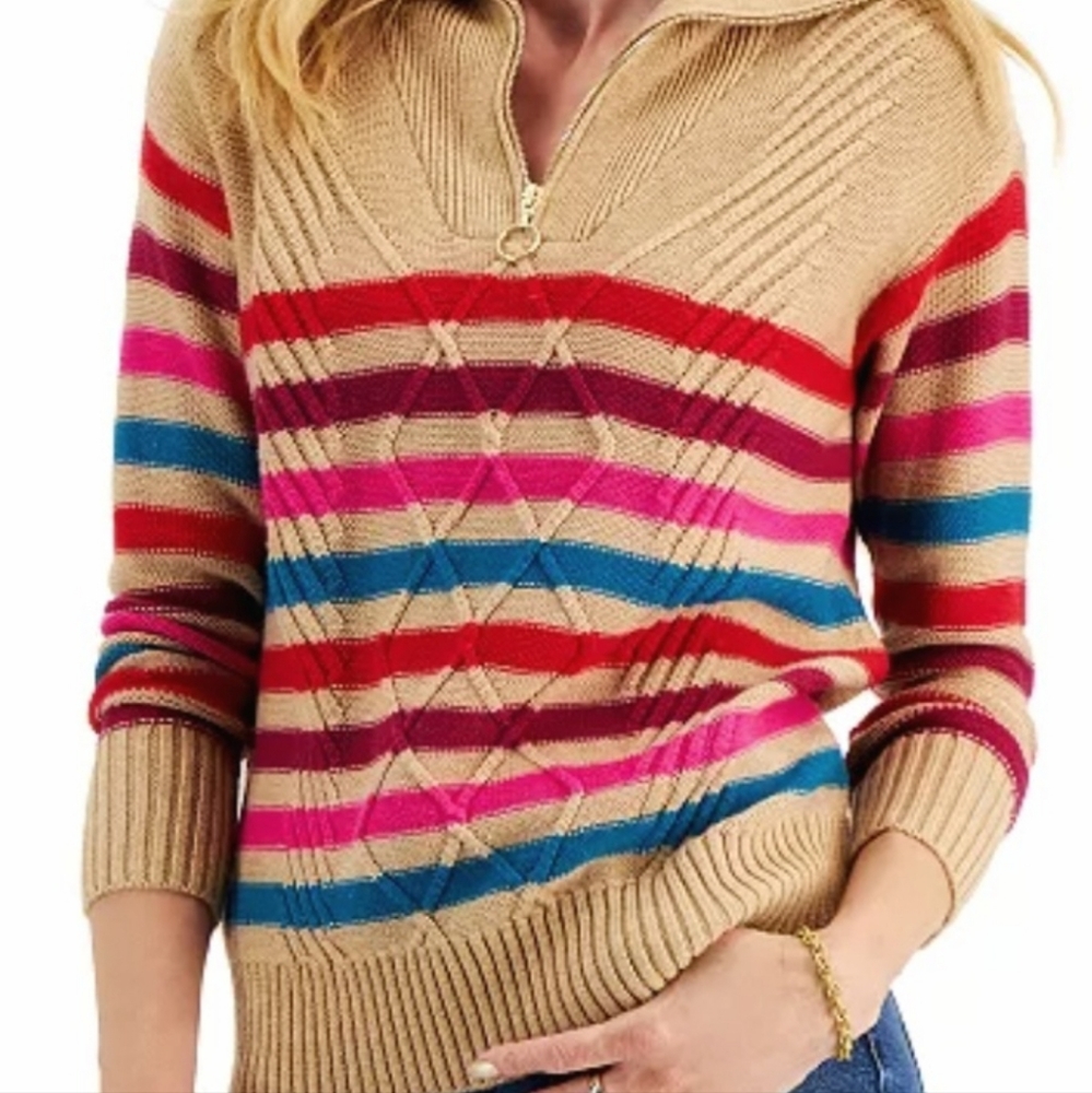 NWT Charter Club Women’s Striped Quarter Zip Sweater XXL Cozy Knit